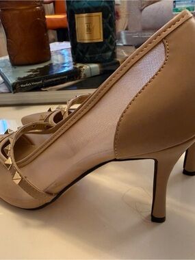 Nude Studded Mesh High Heel Pumps - Women's 9.5